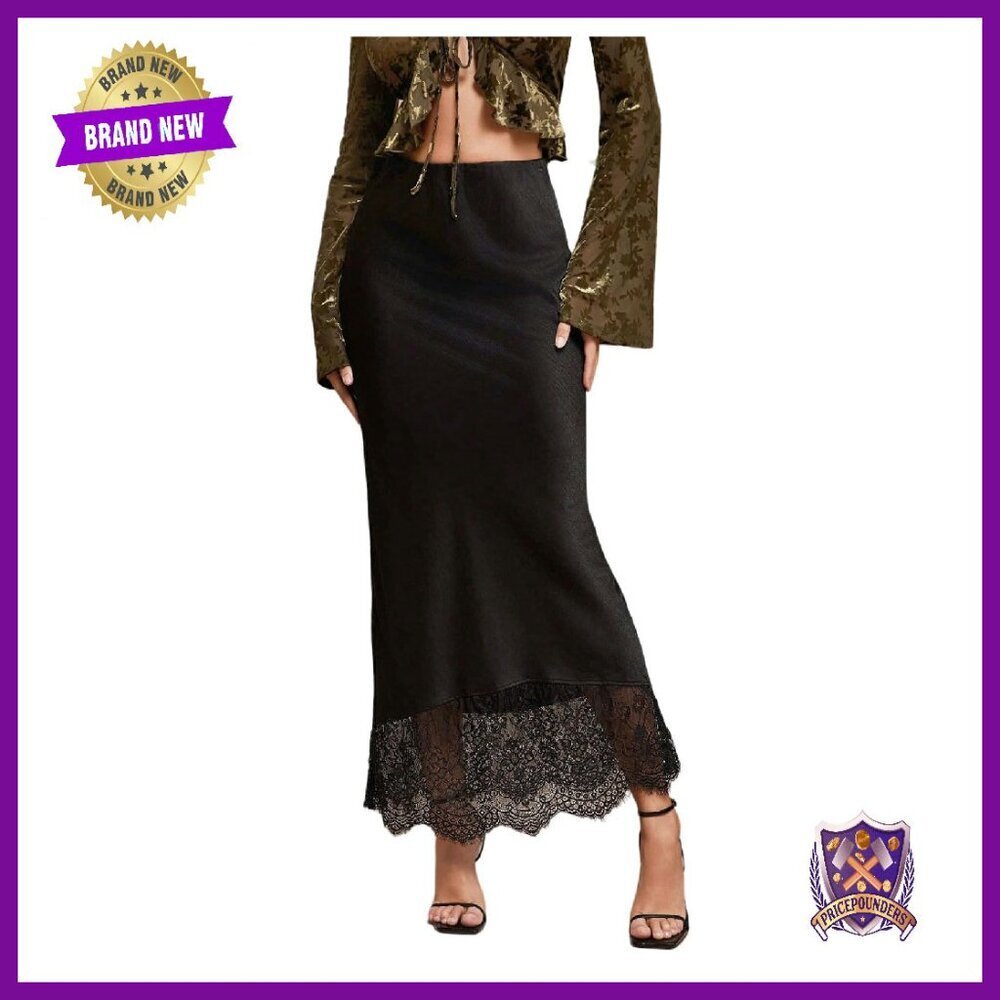 Satin Lace Maxi Skirt High Waist A-Line Embroidered Streetwear